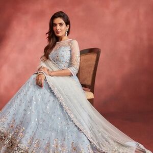 Dusty Blue Embroidered Net Lehenga